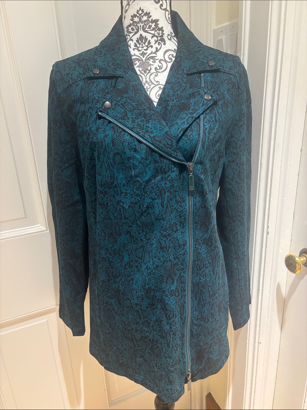 Chico's Teal Snake-Print Asymmetrical Zip Bomber Jacket
